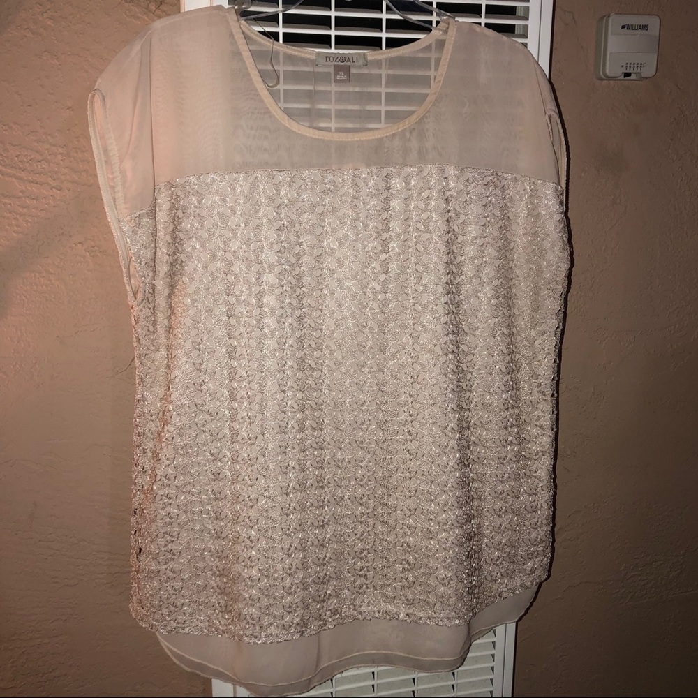 Roz & Ali cream crocheted and sheer top
